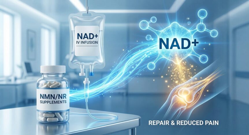NAD+ IV infusion bag and NMN/NR supplement bottle with molecular structure and joint repair visual representing NAD+ for chronic pain management