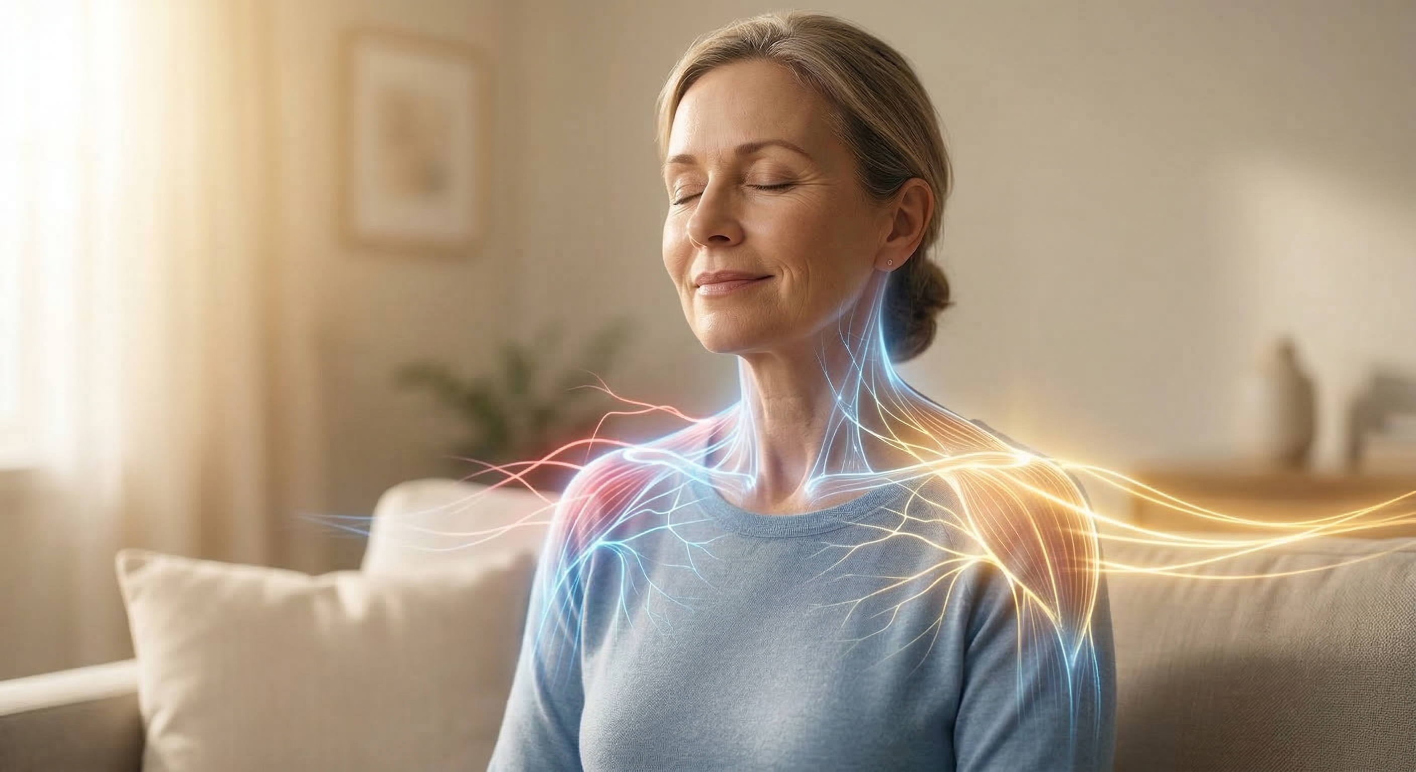 Woman experiencing chronic pain relief with glowing nerve and cellular repair visual representing NAD+ therapy benefits