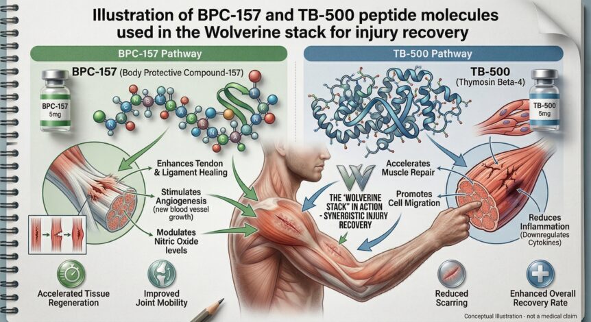 Infographic showing BPC-157 and TB-500 Wolverine stack peptide pathways for injury recovery, including tendon healing, angiogenesis, muscle repair, cell migration, and inflammation reduction