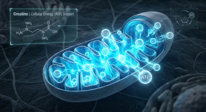 3D illustration of creatine supporting cellular energy ATP production in mitochondria for chronic pain management