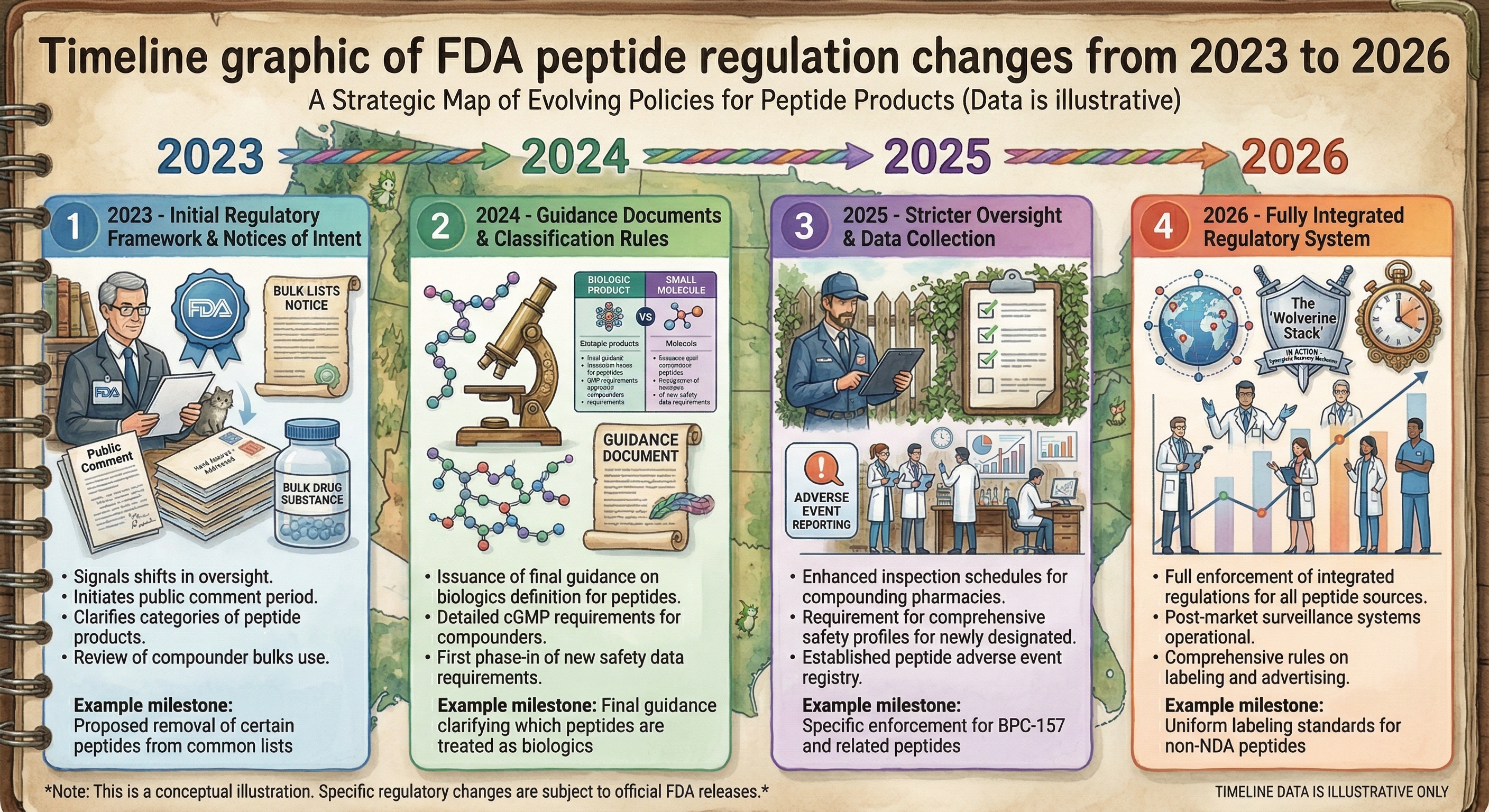 Timeline of FDA peptide regulation changes from 2023 to 2026 showing four phases: initial framework and bulk drug substance review, guidance documents and cGMP requirements, stricter oversight and adverse event reporting, and fully integrated regulatory system affecting the Wolverine stack