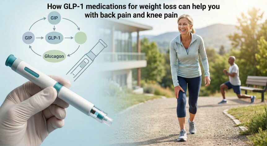 How semaglutide, tirzepatide, and next-generation peptides are changing the way we treat chronic pain rooted in excess weight and metabolic dysfunction. If you live with chronic back pain or knee pain, you already know how hard it is to break the cycle. Pain makes it tough to exercise. Less movement leads to weight gain. And extra weight makes the pain worse. This is one of the most frustrating patterns we see in our practice. For years, the options were limited: pain medications, injections, physical therapy, or surgery. Each of these can help. But none of them address the deeper problem driving much of chronic joint and spine pain — excess body weight and the inflammation that comes with it. That is changing. A class of medications called GLP-1 receptor agonists — including semaglutide, tirzepatide, and newer peptides like retatrutide — now give patients a powerful way to lose significant weight and reduce the metabolic stress that fuels chronic pain. At Core Medical & Wellness, we combine these medications with targeted pain treatments and strength-building programs. The goal is clear: help you move better, hurt less, and stay active for the long run. What Are GLP-1 Medications? GLP-1 stands for glucagon-like peptide-1. It is a natural hormone your gut releases after you eat. GLP-1 tells your brain you are full, slows digestion, and helps your body manage blood sugar. GLP-1 receptor agonist medications mimic this hormone. They amplify those natural signals, so you feel satisfied with less food, your appetite drops, and your body starts burning stored fat more efficiently. Over time, this leads to meaningful, sustained weight loss. These medications started as diabetes treatments. But clinical trials revealed something remarkable: patients lost far more weight than anyone expected. Today, GLP-1 medications are among the most effective medical weight loss tools available. Here is a quick look at the three main medications in this space: Medication Type How It Works Dosing Semaglutide GLP-1 agonist Targets one appetite and metabolic pathway Weekly injection Tirzepatide Dual GIP/GLP-1 agonist Targets two pathways for enhanced weight loss Weekly injection Retatrutide Triple GIP/GLP-1/glucagon agonist Targets three pathways (investigational) Weekly injection Each generation of these medications has produced better results. Semaglutide delivers strong weight loss. Tirzepatide goes further. And retatrutide, still in clinical trials, is producing weight loss numbers that were previously unheard of in medicine. How Weight Loss From GLP-1 Medications Helps Joint and Spine Pain You might wonder: how does a weight loss medication help with pain? The connection is direct and well documented. Less Weight Means Less Stress on Your Joints Every extra pound of body weight places several additional pounds of force on your knees and lower back with every step you take. This extra load grinds down cartilage, compresses discs, and irritates joints over time. When patients lose 10 to 15 percent or more of their body weight with GLP-1 therapy, the mechanical stress on these structures drops significantly. Many patients notice real changes: less knee pain going up stairs, less stiffness getting out of bed, more comfort standing and walking throughout the day. Reduced Inflammation Throughout the Body Excess body fat does more than add weight. It produces inflammatory chemicals that circulate through your bloodstream and settle into your joints and spine. These molecules — like IL-6, IL-1 beta, and MMP-3 — break down cartilage and amplify pain signals. GLP-1 medications appear to lower these inflammatory markers. This means they do not just help you lose weight. They may help calm the biological fire that drives osteoarthritis and chronic pain from the inside. Key takeaway: GLP-1 medications are not painkillers. They reduce pain by attacking two root causes at once: the mechanical overload from excess weight and the chronic inflammation produced by metabolic dysfunction. Better Mobility Means Better Outcomes Pain limits movement. Limited movement causes deconditioning. Deconditioning makes pain worse. GLP-1 medications help break this cycle by making it possible to participate more fully in physical therapy, strength training, and daily activity — all of which are essential for lasting pain relief. GLP-1 Medications and Knee Osteoarthritis Knee osteoarthritis is one of the most common reasons patients in our practice seek help with weight loss. The combination of cartilage breakdown and excess body weight creates a painful, self-reinforcing cycle that is extremely difficult to escape with willpower alone. Recent clinical trial data gives real reason for optimism: In a large randomized study, patients with obesity and knee osteoarthritis who took weekly semaglutide achieved an average BMI reduction of about 14 percent over 68 weeks. More importantly, they experienced significantly greater improvements in knee pain scores compared with patients who received a placebo. Participants reported better function, greater walking capacity, and in some cases, a delayed need for surgery. Reviews from major rheumatology groups confirm the pattern. GLP-1 medications improve pain, stiffness, and physical function in knee osteoarthritis — likely through the combined effects of weight loss and inflammation reduction. Orthopedic and rheumatology experts now view GLP-1 medications as a cost-effective option for managing knee osteoarthritis in patients with obesity, especially when the goal is to delay or avoid knee replacement surgery altogether. Can GLP-1 Medications Help With Low Back Pain? The research on GLP-1 medications and low back pain is still catching up to the knee data. But the same principles apply — and the clinical results we see in practice are encouraging. Obesity increases the risk of degenerative disc disease, facet joint arthritis, and spinal stenosis. Extra abdominal mass pulls the spine forward and overloads the lower back muscles and joints. When patients lose substantial weight on GLP-1 therapy, the benefits for the spine can be significant. The axial load on lumbar discs and facet joints decreases. Core strengthening and flexibility exercises become easier. And the chronic inflammation that sensitizes pain nerves throughout the back calms down. In our practice, we do not prescribe GLP-1 medications as standalone back pain treatments. We use them as metabolic tools that make everything else work better — from interventional spine procedures to rehabilitation programs to everyday movement. Tirzepatide: A Stronger Option for Weight Loss and Pain Tirzepatide takes the GLP-1 approach a step further. Instead of targeting one metabolic pathway, it activates two: GIP and GLP-1 receptors. This dual action produces even greater average weight loss than traditional GLP-1 medications in clinical trials. Many patients on higher-dose tirzepatide regimens lose more than 20 percent of their body weight. They also see strong improvements in blood sugar, cholesterol, and other metabolic markers. For patients dealing with obesity-driven joint and spine pain, this deeper weight loss response can translate into even more significant relief — provided muscle mass and bone health are actively protected (more on that below). Retatrutide: The Next Generation of Peptide Therapy for Obesity and Knee Pain Retatrutide represents the cutting edge of peptide-based weight loss therapy. It is a once-weekly injectable that activates three metabolic receptors at once: GIP, GLP-1, and glucagon. No other approved medication targets all three. Record-Setting Weight Loss Results In a Phase 2 clinical trial over 48 weeks, patients on higher doses of retatrutide lost an average of 23 to 24 percent of their body weight. Compare that with roughly 2 percent for placebo. Between 60 and 83 percent of participants in the higher-dose groups lost at least 15 percent of their body weight, and a large portion exceeded 20 percent. These are some of the largest pharmacologic weight loss results ever documented in clinical trials. The TRIUMPH-4 Trial: Direct Evidence for Knee Osteoarthritis What makes retatrutide especially relevant for pain patients is the TRIUMPH-4 trial. This study specifically evaluates retatrutide in people who have both obesity and knee osteoarthritis. Early results are striking. Participants achieved weight loss approaching 28 to 30 percent of their baseline body weight in some treatment arms — translating to an average absolute loss of about 70 pounds. Knee pain scores improved by up to roughly 75 percent in some groups, with large absolute improvements compared to placebo. If these results hold up in later-stage trials, retatrutide could become one of the most powerful non-surgical tools available for patients with obesity-related knee osteoarthritis. Important note: Retatrutide is not yet commercially available. It remains an investigational therapy in Phase 2 and Phase 3 clinical trials. However, it represents the future direction of peptide-based metabolic treatments that could dramatically impact joint and spine outcomes. Protecting Muscle and Bone During GLP-1 Therapy Any time you lose a significant amount of weight, you risk losing some lean muscle mass and bone density along with the fat. This matters for pain patients because strong muscles stabilize joints and support the spine. Clinical data suggest that roughly one-quarter to one-third of weight lost on GLP-1 medications may come from lean tissue. In one trial, patients taking a GLP-1 medication alone lost hip and spine bone mineral density. But patients who combined the medication with regular exercise preserved both muscle and bone much more effectively. This is why we never prescribe GLP-1 medications in isolation. At Core Medical & Wellness, every patient on a weight loss peptide program also follows a structured plan that includes: Resistance training 2 to 4 times per week to maintain muscle mass and protect joint stability. Adequate protein intake to support muscle repair and recovery. Micronutrient support including calcium and vitamin D to protect bone health. Body composition monitoring to track fat loss versus lean mass changes over time. In a practice focused on longevity and performance, GLP-1 therapy works best as one part of a comprehensive program — never as a shortcut. Who Is a Good Candidate for GLP-1 Weight Loss Medications? These medications are not for everyone. They are not meant to replace healthy eating, regular exercise, or targeted pain treatments. They work best when combined with all of those things. In our practice, strong candidates usually include: Adults with a BMI of 30 or higher, or a BMI of 27 or higher along with weight-related conditions like knee osteoarthritis, chronic low back pain, prediabetes, or metabolic syndrome. Patients whose pain limits their ability to exercise, making lifestyle-only weight loss unrealistic. People who are ready to commit to long-term changes in nutrition, strength training, and consistent follow-up — not just a quick fix. We typically use caution or avoid these medications in patients with: A personal or family history of medullary thyroid carcinoma or MEN2 syndrome. A history of pancreatitis, severe gastroparesis, or serious gastrointestinal disease. Active eating disorders or significant frailty where further weight loss could be harmful. A thorough physician-led evaluation is always the first step. The right medication, dose, and duration depend on your individual health picture. How Core Medical & Wellness Integrates GLP-1 Therapy With Pain Care At Core Medical & Wellness, we do not view GLP-1 medications as standalone treatments. They are one piece of a larger, integrated approach to pain and performance. A typical patient-centered plan at our practice may include: Step 1: Comprehensive evaluation. We assess your specific pain generators — whether that is a degenerative disc, facet joint, SI joint, knee osteoarthritis, or hip pathology. We also evaluate your metabolic health and body composition. Step 2: Medical weight loss. When appropriate, we prescribe GLP-1 or dual/triple-agonist peptide therapy to drive meaningful, sustained weight loss and metabolic improvement. Step 3: Targeted pain interventions. We address structural pain sources directly with treatments like epidural injections, radiofrequency ablation, genicular nerve ablation, or regenerative options like platelet-rich plasma (PRP) therapy. Step 4: Strength and conditioning. Every plan includes a progressive exercise program designed to protect lean muscle mass, improve joint stability, and build long-term function. Step 5: Longevity-oriented support. When indicated, we layer in additional therapies such as hormone optimization, lifestyle coaching, and advanced recovery modalities. Here is what this looks like in practice: a patient with severe knee osteoarthritis and obesity who loses 15 to 25 percent of their body weight on semaglutide or tirzepatide, completes a quadriceps strengthening program, and receives targeted injections may experience substantially less daily pain, greater walking distance, and a meaningful delay in needing knee replacement surgery. That is the kind of comprehensive result that no single treatment can deliver alone. Struggling With Chronic Pain and Excess Weight? At Core Medical & Wellness, we evaluate both the mechanical and metabolic contributors to your pain and design a personalized plan to help you move better, hurt less, and perform at a higher level. Schedule Your Consultation Today Richard Kang, MD Double board-certified Anesthesiologist and Fellowship-trained in Interventional Pain Management. Dr. Kang is the Co-founder of Core Medical & Wellness, a multi-location pain management practice in New Jersey specializing in regenerative medicine, peptide therapy, and non-surgical approaches to chronic pain. He is committed to integrating the latest advances in metabolic medicine with targeted pain care to help patients achieve lasting results.