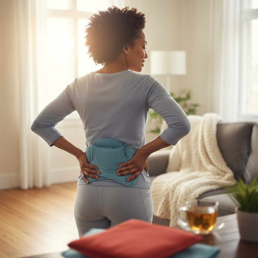 Woman applying a cold pack to her lower back for pain relief at home