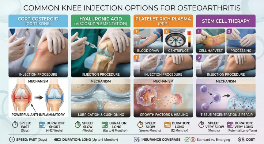 Infographic comparing four knee osteoarthritis injections: corticosteroid, hyaluronic acid viscosupplementation, PRP, and stem cell therapy with key advantages, disadvantages, and duration of relief