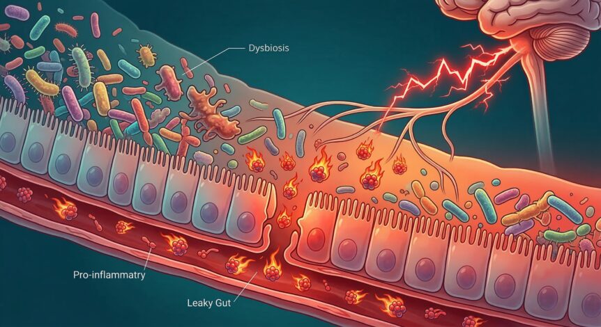 Illustration of leaky gut showing dysbiosis, intestinal permeability, pro-inflammatory bacteria entering the bloodstream, and pain signals reaching the brain