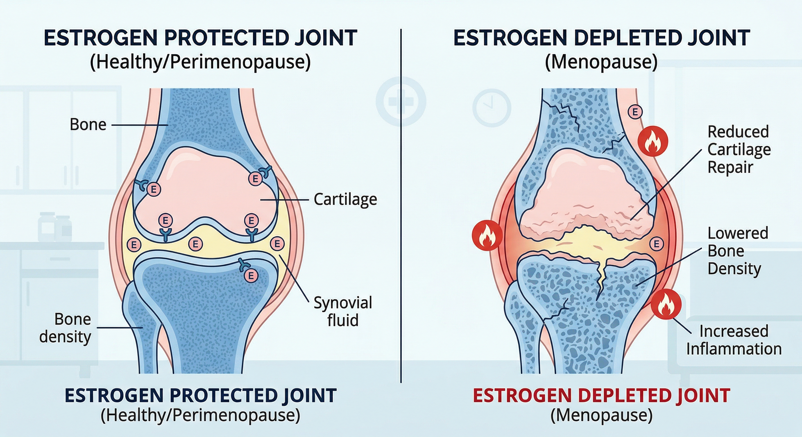 Side-by-side diagram comparing an estrogen-protected joint with healthy cartilage and bone density to an estrogen-depleted menopause joint showing reduced cartilage repair, lowered bone density, and increased inflammation