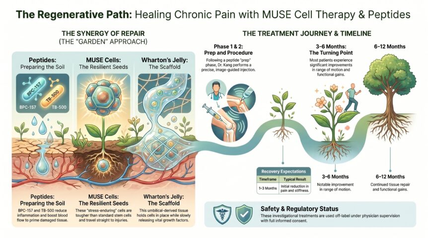 Infographic showing MUSE cell therapy, peptides, and Wharton's Jelly working together to heal chronic joint and spine pain.