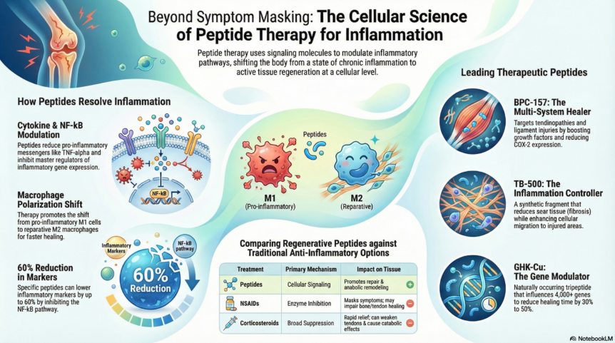 Infographic showing how peptide therapy for inflammation works, including cytokine modulation, macrophage polarization from M1 to M2, and comparison of BPC-157, TB-500, and GHK-Cu peptides versus NSAIDs and corticosteroids