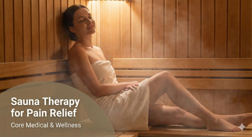A woman relaxing inside a warm wooden sauna, wrapped in a white towel, with text overlay that reads "Sauna Therapy for Pain Relief - Core Medical & Wellness."