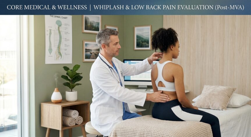 Pain management specialist evaluating a patient with whiplash neck and back pain after a car accident