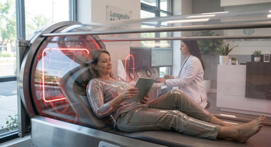 Woman relaxing inside a hard-shell hyperbaric oxygen therapy chamber while a clinician monitors treatment at a longevity medicine center