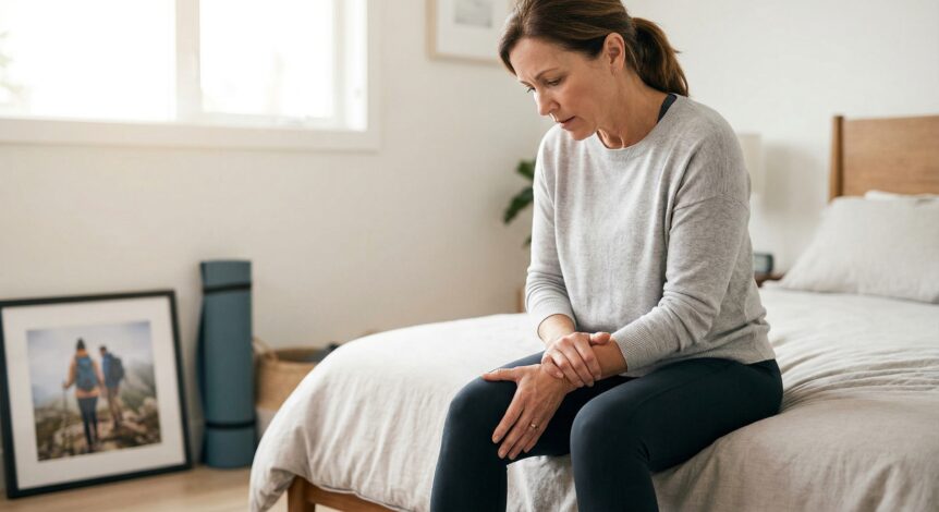 Middle-aged woman sitting on bed holding her knee in pain from menopause-related joint stiffness