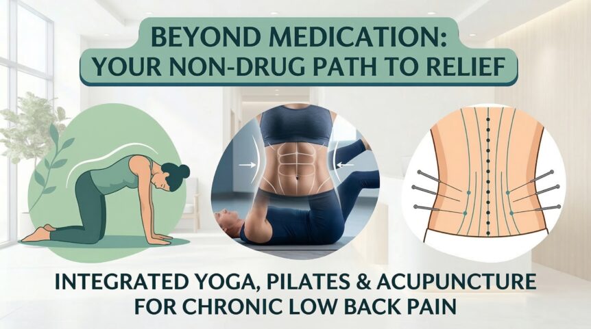 oga, Pilates, and acupuncture for chronic low back pain — three illustrated treatments showing a yoga pose, core Pilates exercise, and acupuncture needles on the lower back
